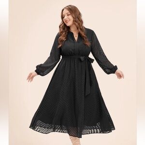 BloomChic Plus Size XL Solid Geometric Pocket Mesh Lantern Sleeve Belted Dress